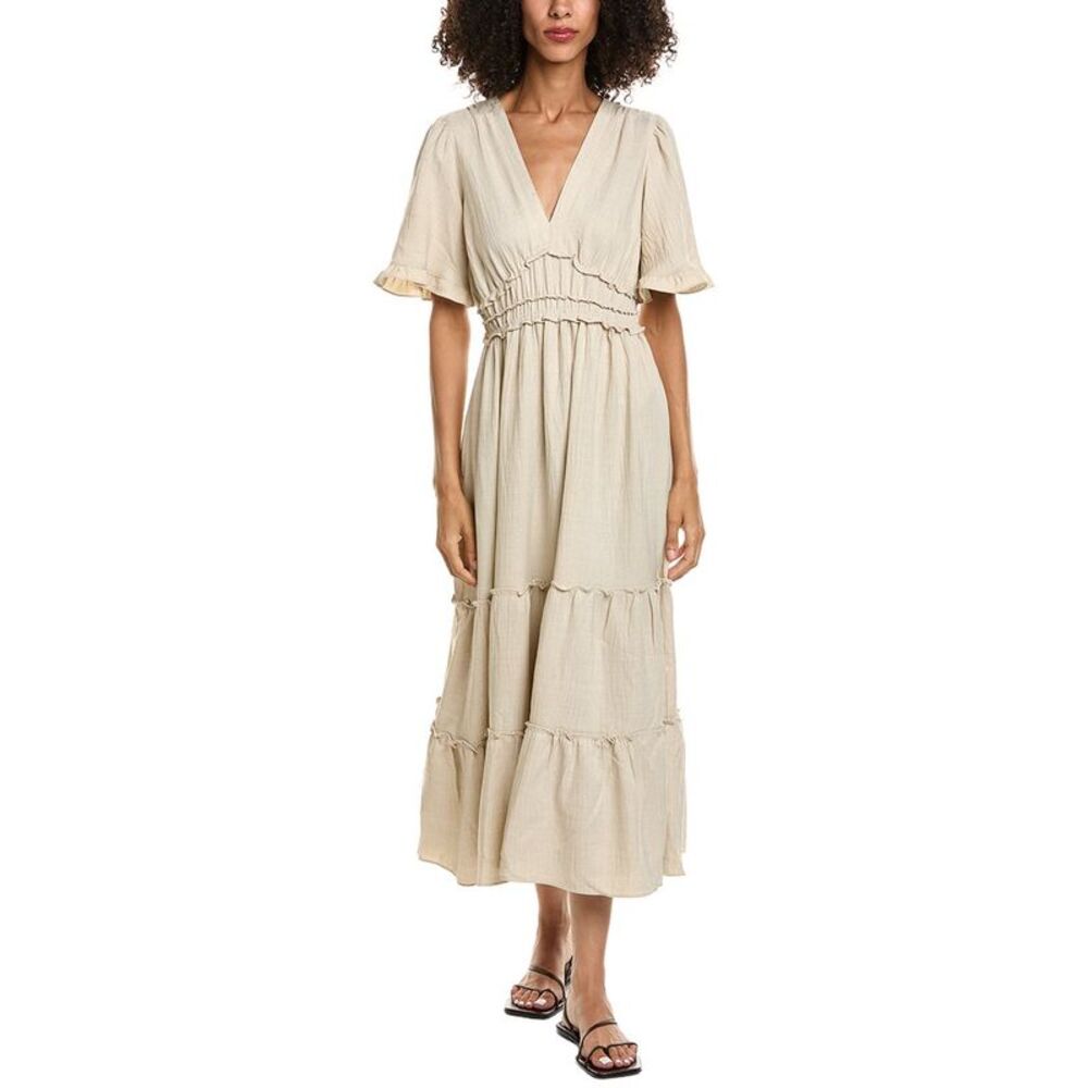 Max Studio Womens V-Neck Tiered Empire Waist Maxi Dress, Grey